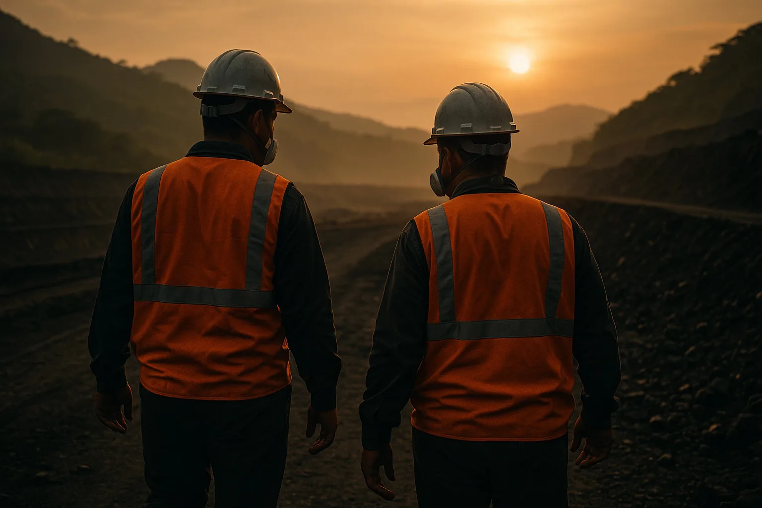 Dos trabajadores con casco y chaleco reflectivo recorren un frente de operación al amanecer